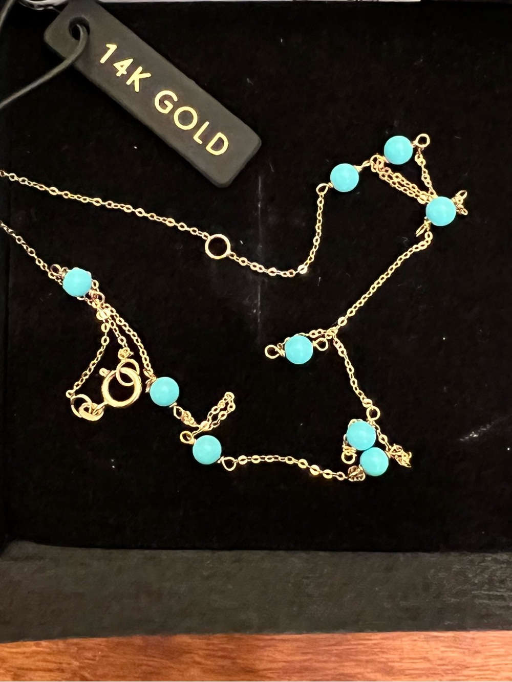NWT Turquoise Italian 14k Solid Yellow Gold Station Necklace Choker 14”-17” - Picture 2 of 6